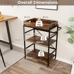 3-Tier Bar Cart, Industrial Serving Cart with Detachable Tray, 4 Lockable Casters & 1 Handy Handle