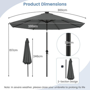 3 m Solar Patio Umbrella w/ 96 LED Lights, 9 Modes