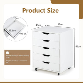 5-Drawer Chest of Drawers Wooden Dresser Chest, Mobile Lateral Filing Cabinet with Wheels