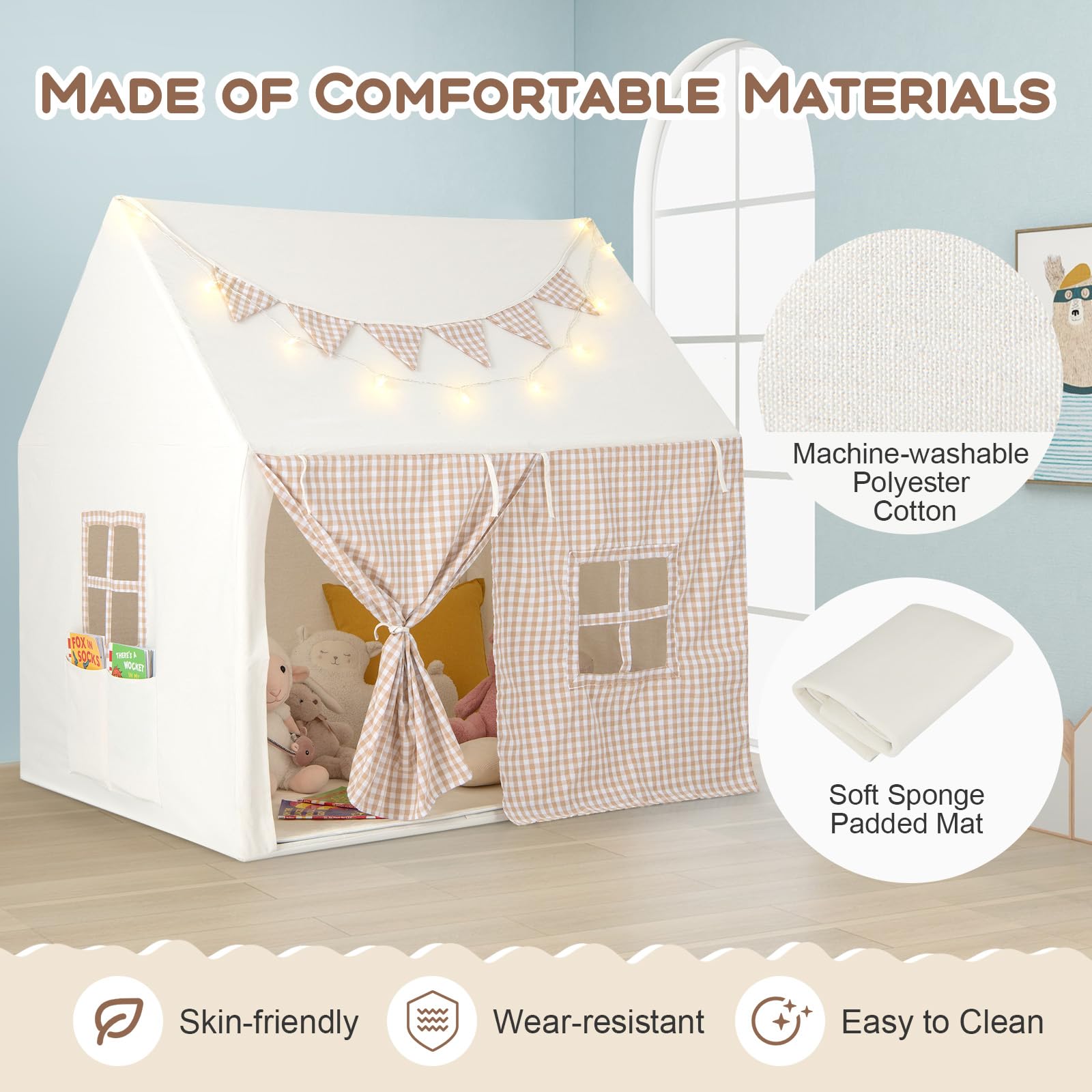 Kids Play Tent, Large Playhouse w/Padded Mat, 2 Breathable Windows & 2 Storage Pockets