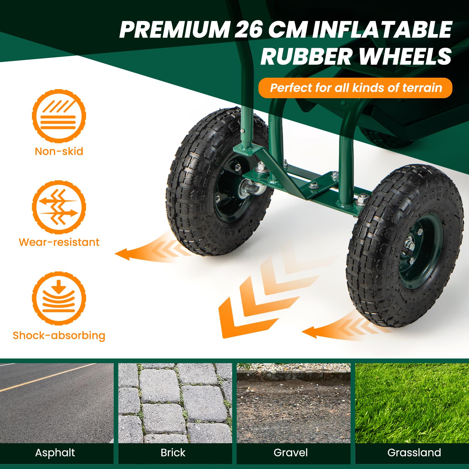 Rolling Garden Cart, Garden Scooter with Seat & Tool Storage, 2 Steering Handles