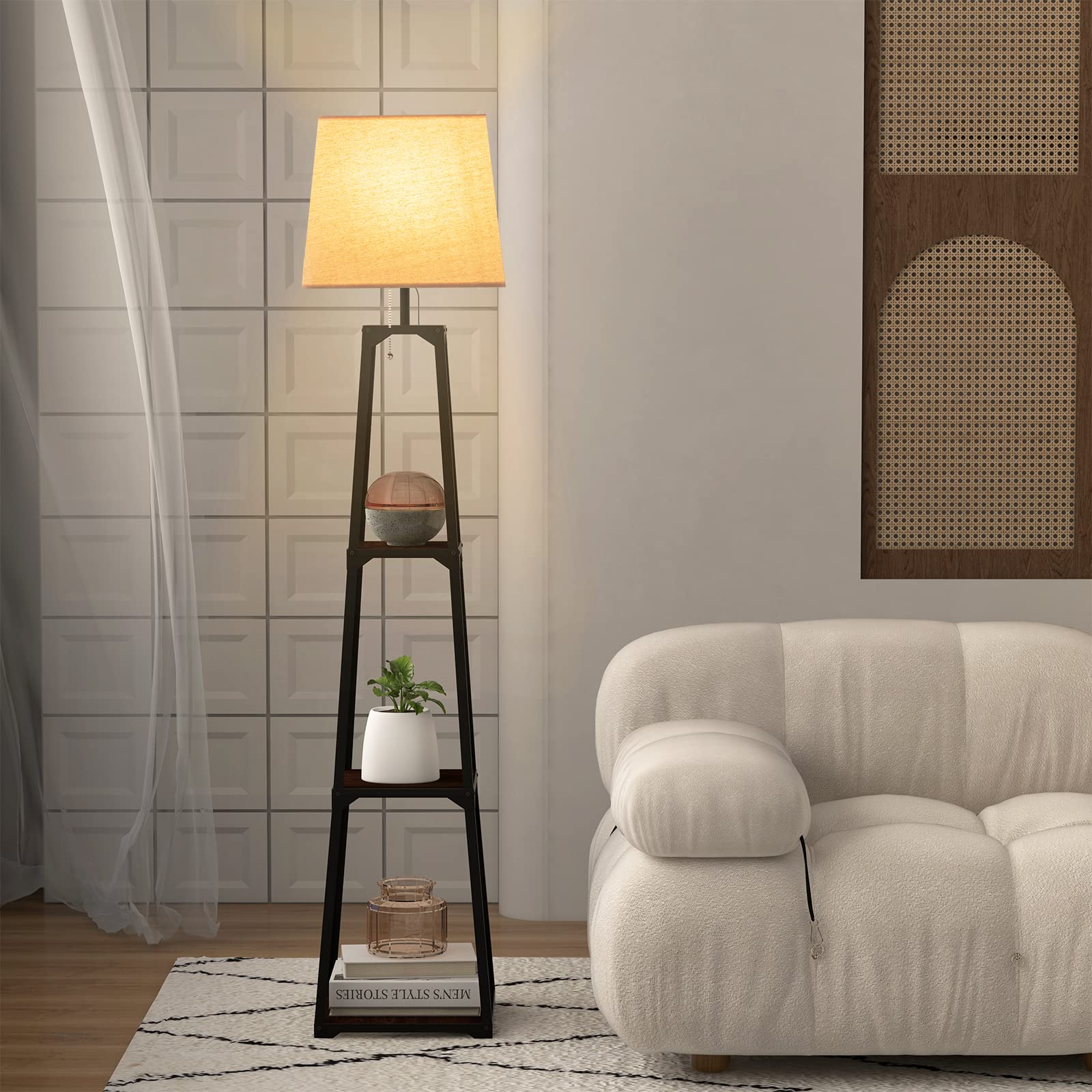 Shelf Floor Lamp, Display Floor Lamp with Shelves and Linen Lampshade