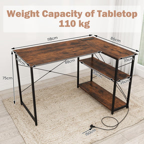 L-Shaped Desk with Power Outlet, Home Office Computer Desk with Reversible Adjustable Storage Shelves