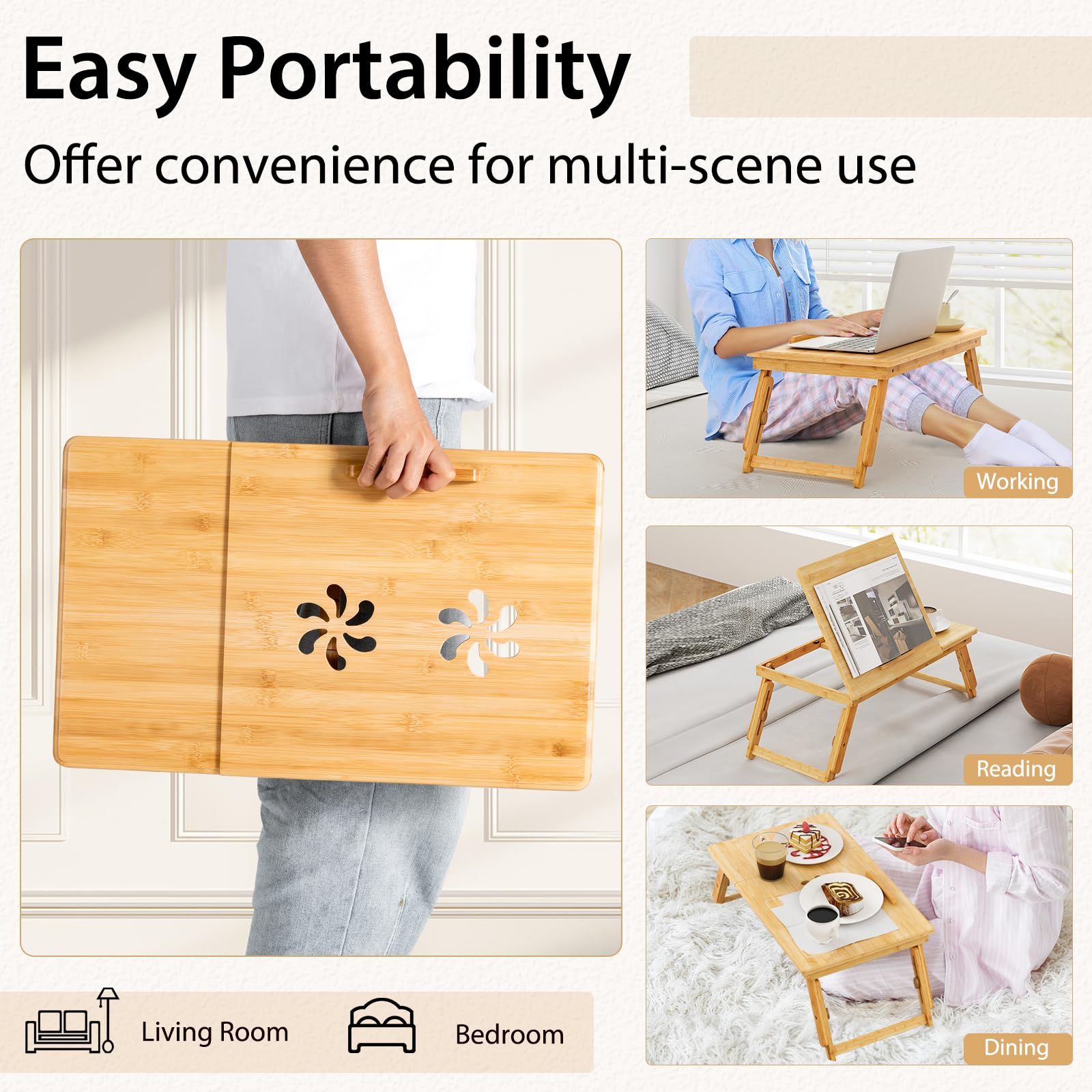 Giantex Bamboo Laptop Lap Tray w/Adjustable Legs & Tilting Heat-Dissipation Top