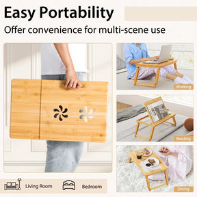 Giantex Bamboo Laptop Lap Tray w/Adjustable Legs & Tilting Heat-Dissipation Top