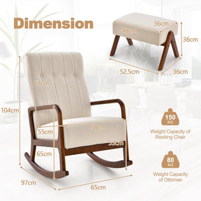 Giantex Rocking Chair with Ottoman, Upholstered Fabric Rocker with Solid Rubber Wood Frame & Padded Cushion