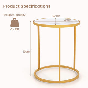 Round Side Table, 40 x 40cm End Table w/Marble Top & Golden Metal Frame