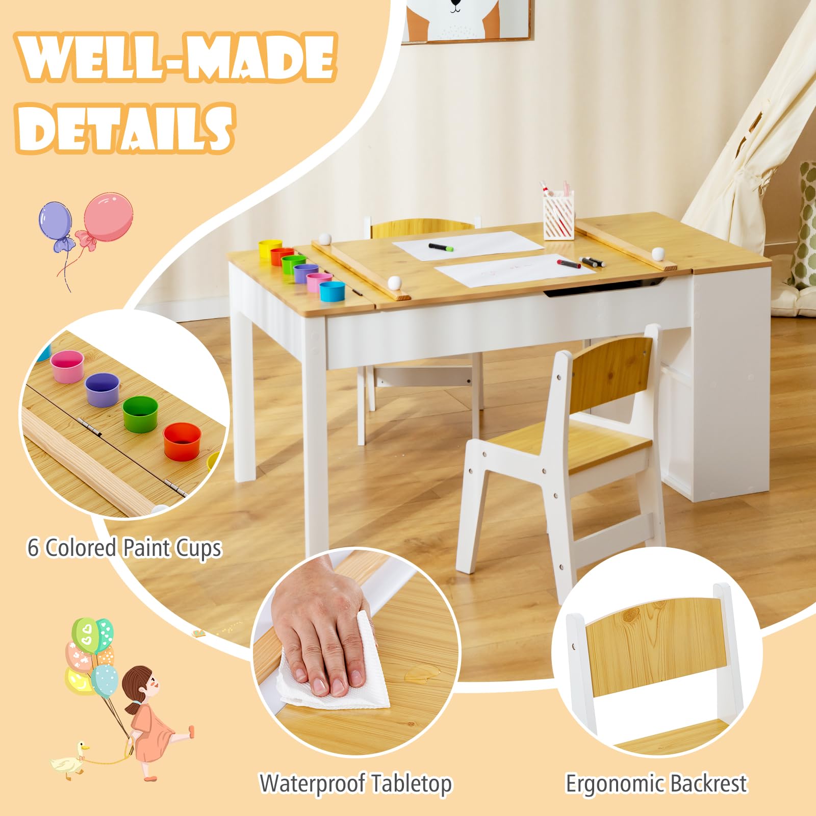HONEY JOY Kids Table and Chairs Set, 2 in 1 Wooden Art Table & Easel Set for Children with 2 Chairs, 6 Storage Bins