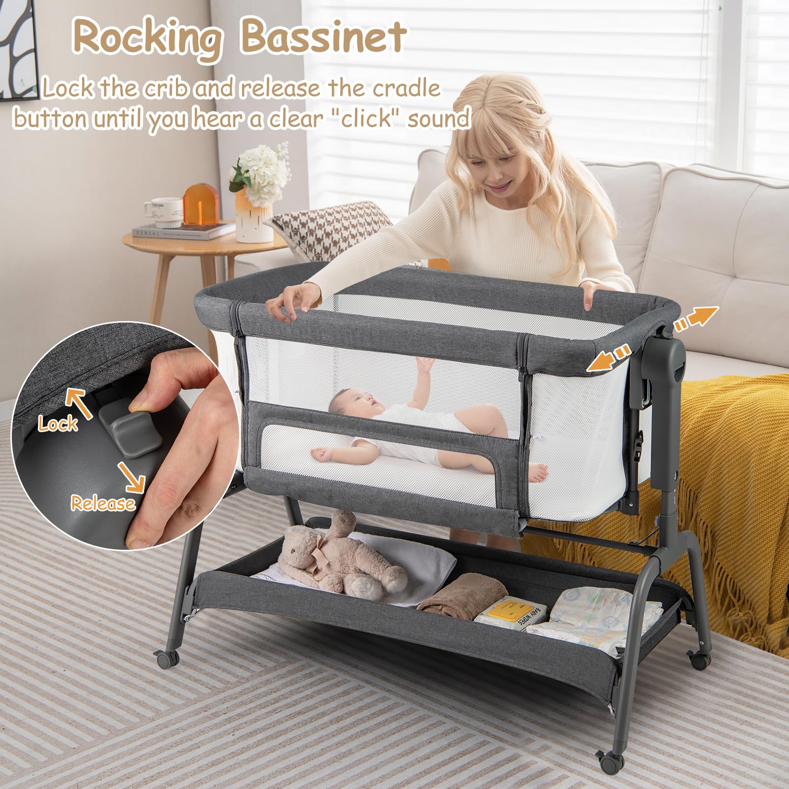 4 in 1 Rocking Baby Bassinet, Newborn Infant Bedside Sleeper w/6 Adjustable Heights