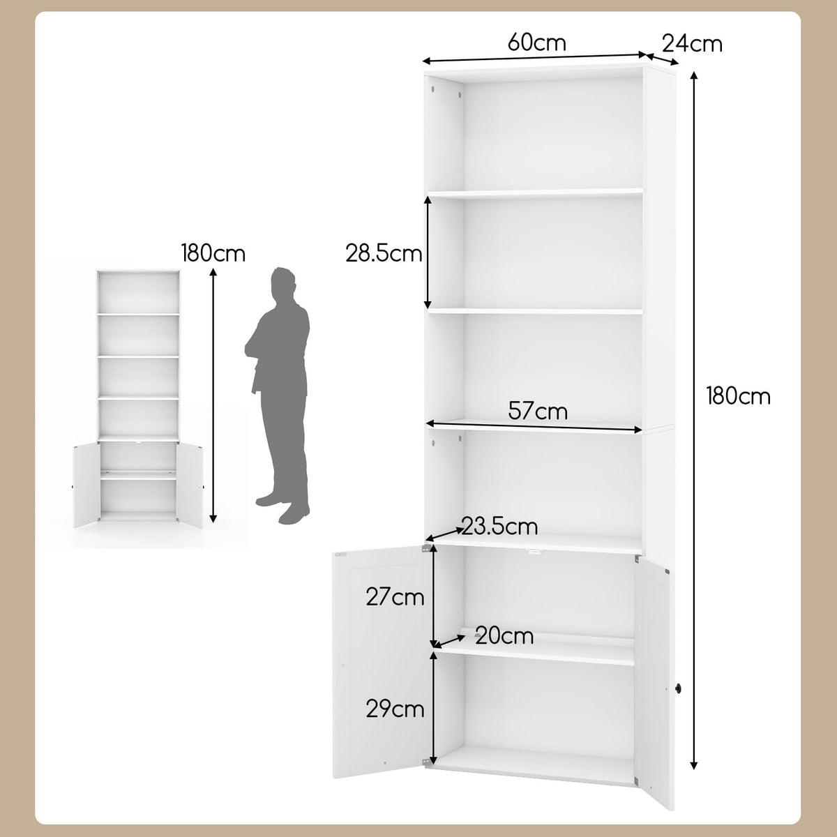 Farmhouse Bookcase with Doors, 180cm Freestanding Bookshelf with 6 Shelves & 2-Door Cabinet