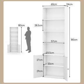 Farmhouse Bookcase with Doors, 180cm Freestanding Bookshelf with 6 Shelves & 2-Door Cabinet