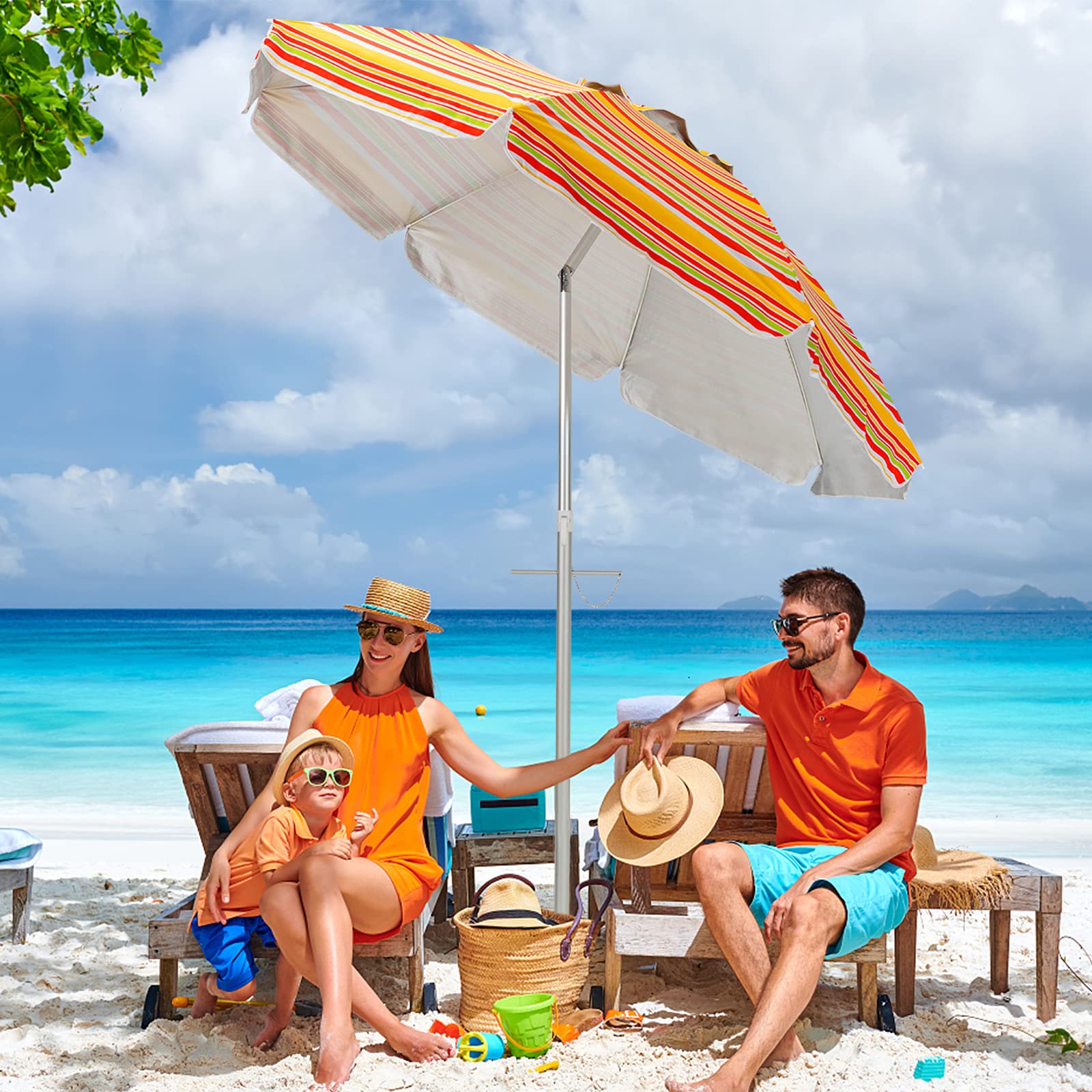 198cm Beach Umbrella w/Sand Anchor, Outdoor Patio Umbrella w/Push Button Tilt & UPF 50+ Protection