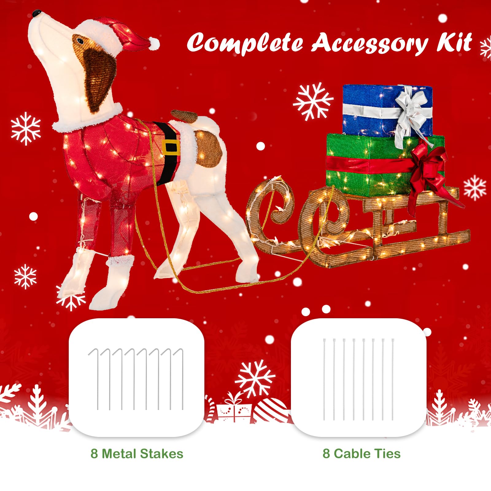Lighted Christmas Decorations, 170 Warm Bright Lights Outdoor Pre-lit Xmas Dog & Sleigh & Gift Boxes Combo