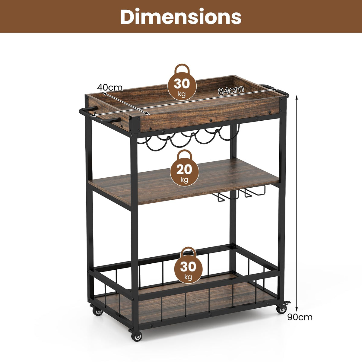 Rolling Bar Cart, Kitchen Serving Cart w/Removable Tray, Wine Rack and Glass Holder