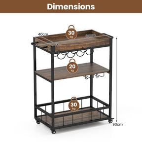 Rolling Bar Cart, Kitchen Serving Cart w/Removable Tray, Wine Rack and Glass Holder