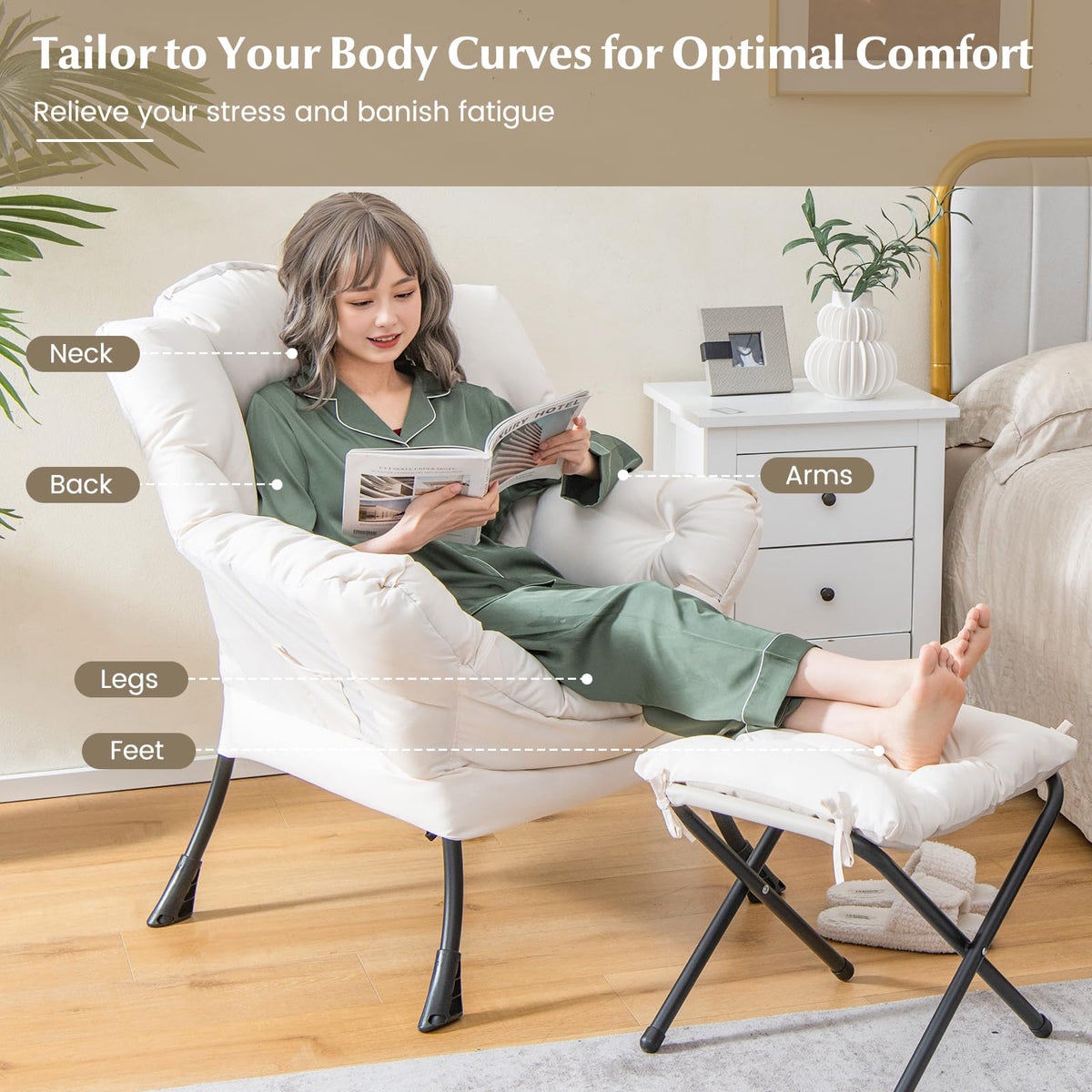 Lazy Chair with Ottoman, Modern Large Accent Chair with Folding Footrest, Head Pillow