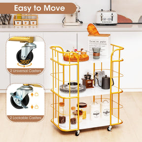 Gold Bar Cart, Home Island Service Cart, 3 Tier Storage Shelves with Guardrail, Imitation Marble Top
