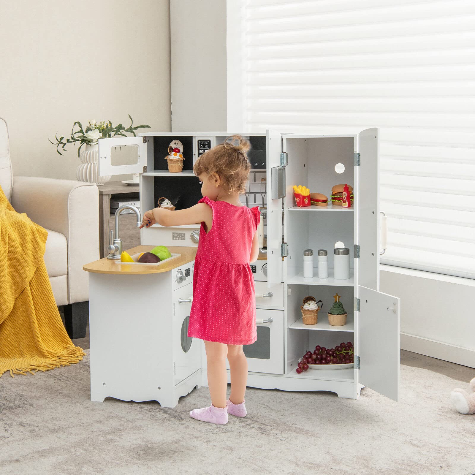 HONEY JOY Kids Corner Kitchen Playset, Wooden Pretend Playset w/Realistic Washing Machine, Microwave Oven