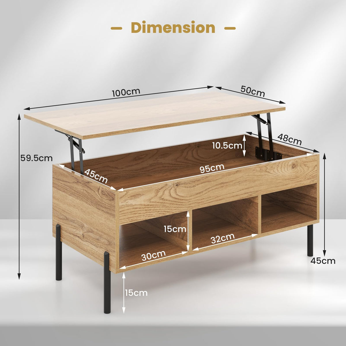 Lift Top Coffee Table, Coffee Station Table with Hidden Compartment, Rising Tabletop, 3 Open Cubbies