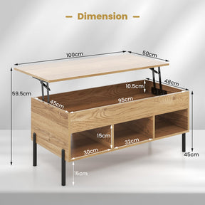 Lift Top Coffee Table, Coffee Station Table with Hidden Compartment, Rising Tabletop, 3 Open Cubbies
