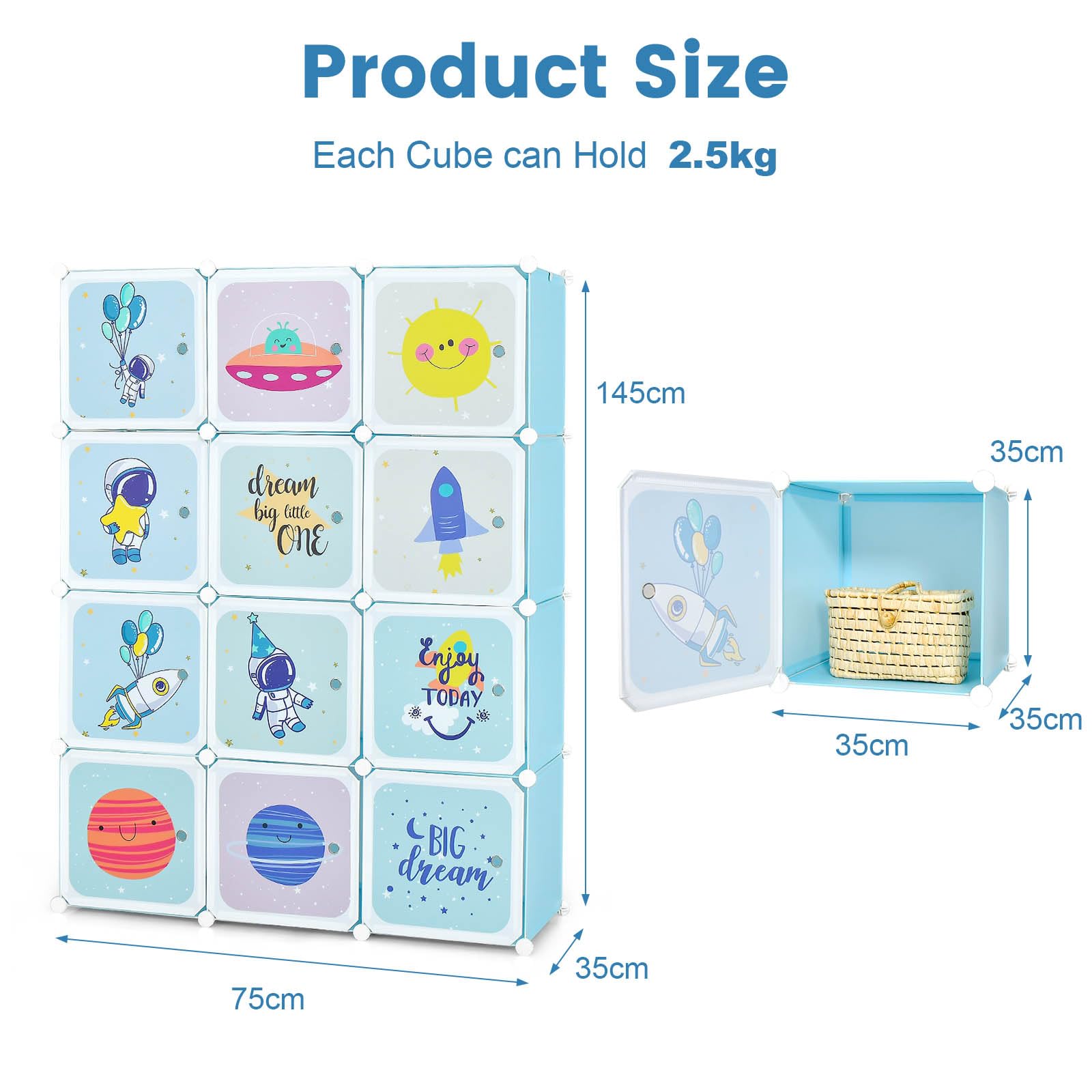 Portable Kids Wardrobe, 12-Cube Baby Closet Organizer for Children with Doors & Hanging Section