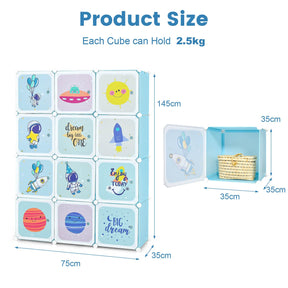 Portable Kids Wardrobe, 12-Cube Baby Closet Organizer for Children with Doors & Hanging Section