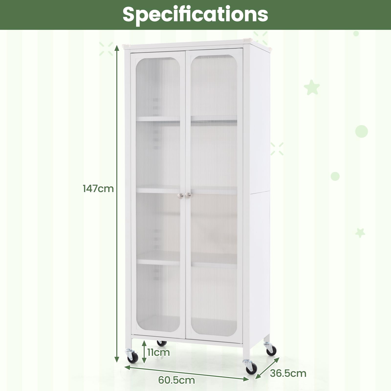 Giantex Glass Doors Storage Cabinet w/Wheels, Mobile 2 Doors Food Pantry Cupboard Cabinet