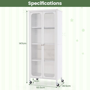 Giantex Glass Doors Storage Cabinet w/Wheels, Mobile 2 Doors Food Pantry Cupboard Cabinet