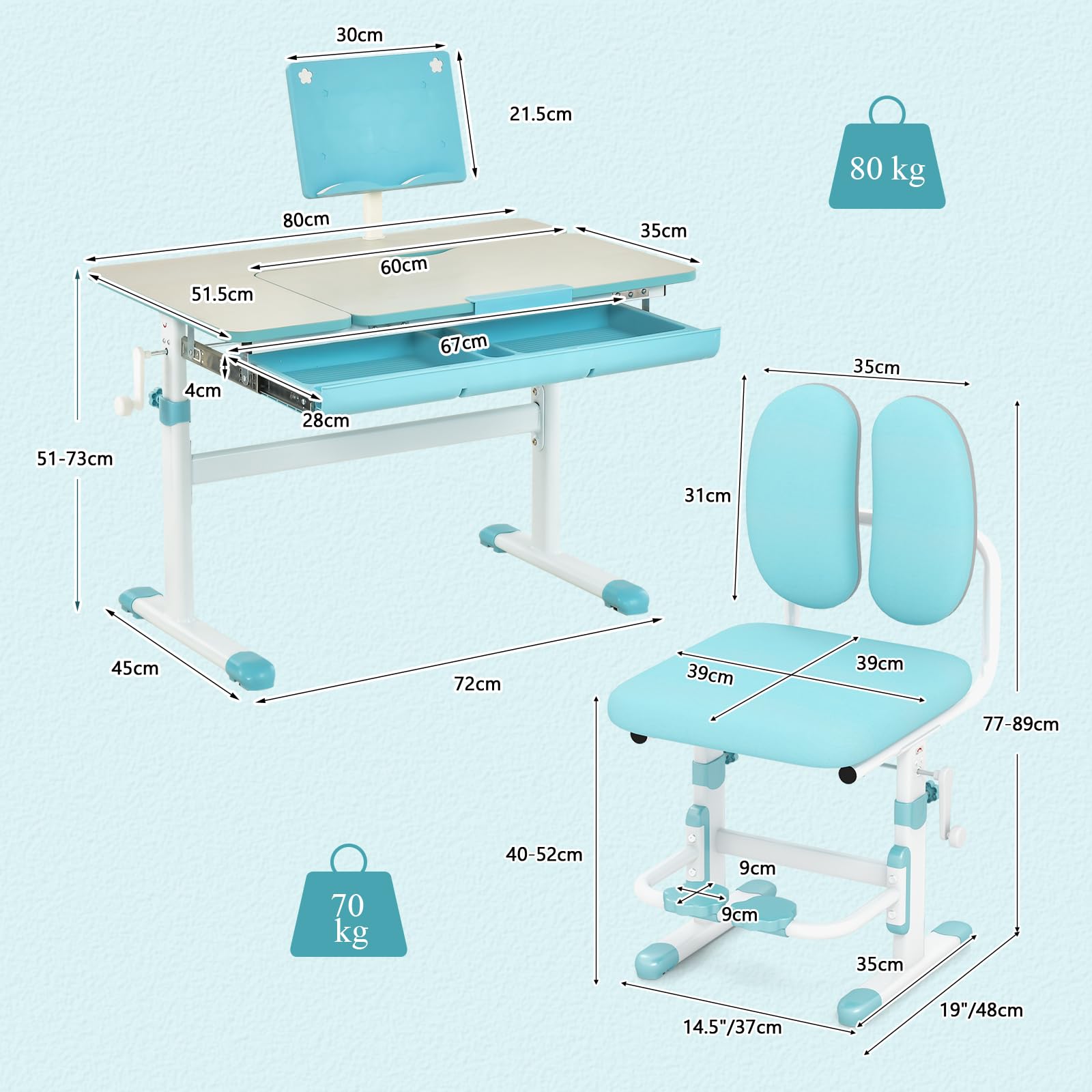 HONEY JOY Kids Desk and Chair Set, Student Study Desk w/Adjustable Height, Tiltable Desktop, Book Stand