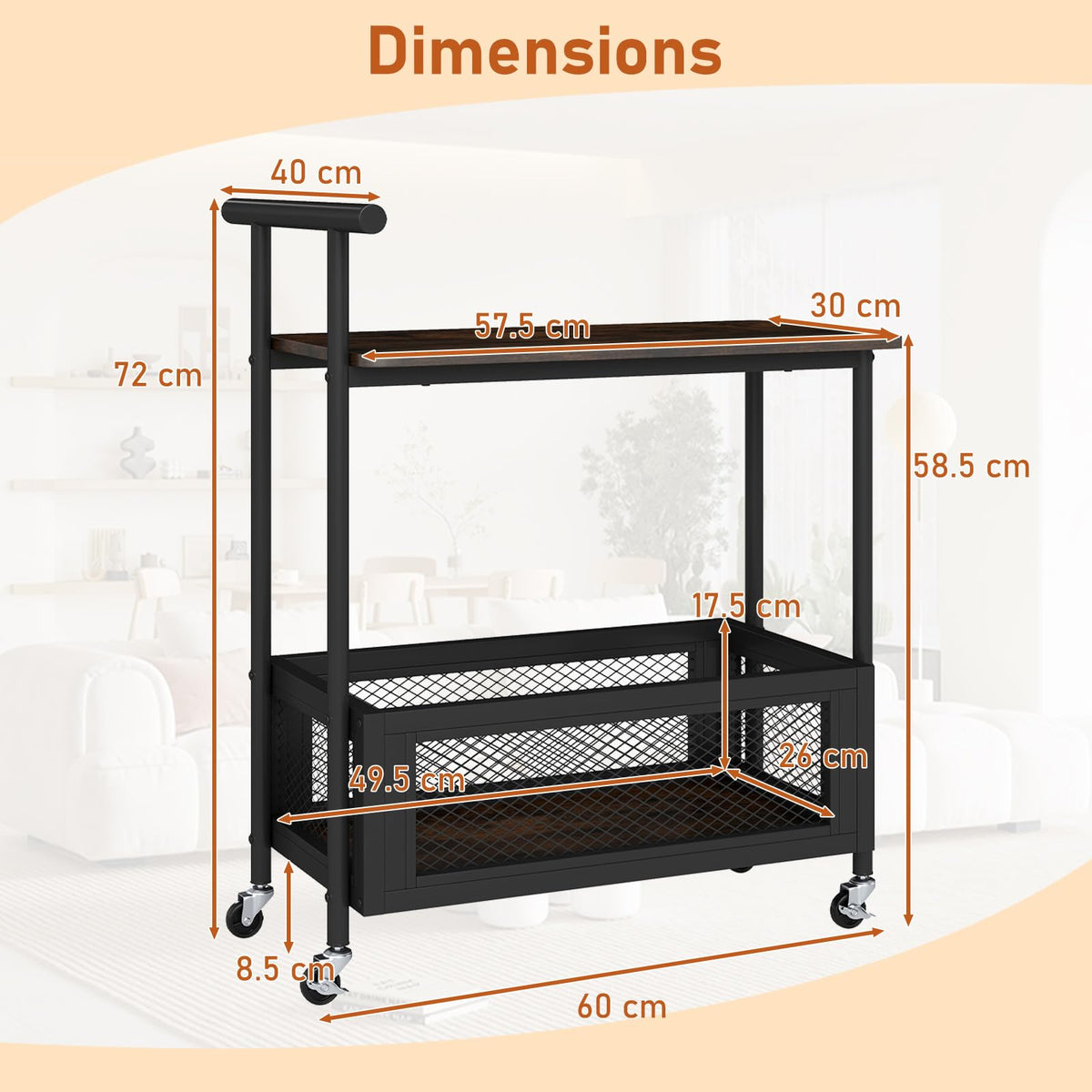 Rolling End Table with Handle, 2-Tier Sofa Side Table with Open Shelf & Mesh Basket