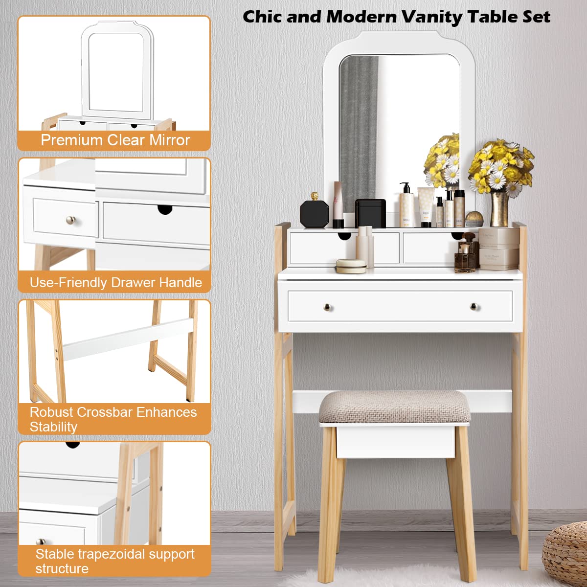 Giantex Vanity Set, Makeup Vanity Table w/ 3 Drawers & 2-Tier Tabletop