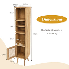 Natural Rattan Storage Cabinet Freestanding Cabinet 137cm Bookcase Display Rack