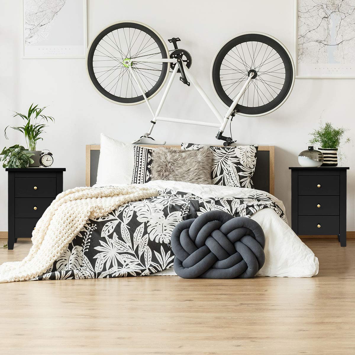 Giantex 2Pcs Bedside Table, Nightstand w/ 3 Drawers & Solid Wood Legs