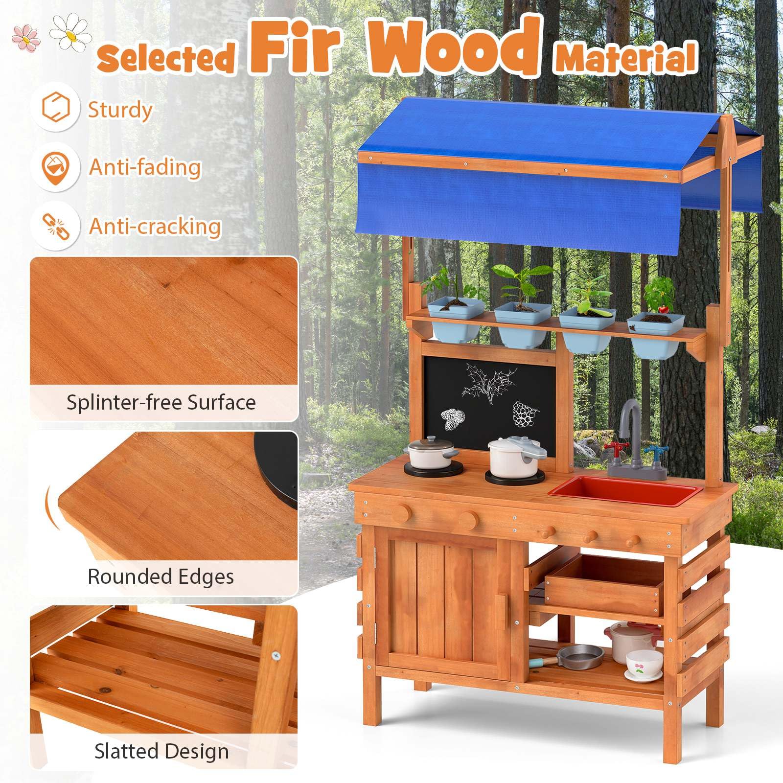 Mud Kitchen, Wooden Pretend Play Kitchen with Height Adjustable Canopy, Blackboard, Planting Cups, Stoves, Sink