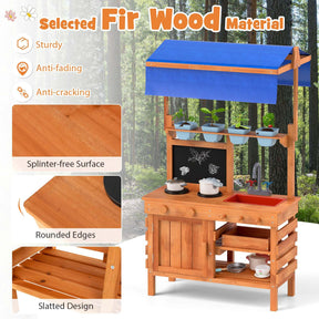 Mud Kitchen, Wooden Pretend Play Kitchen with Height Adjustable Canopy, Blackboard, Planting Cups, Stoves, Sink