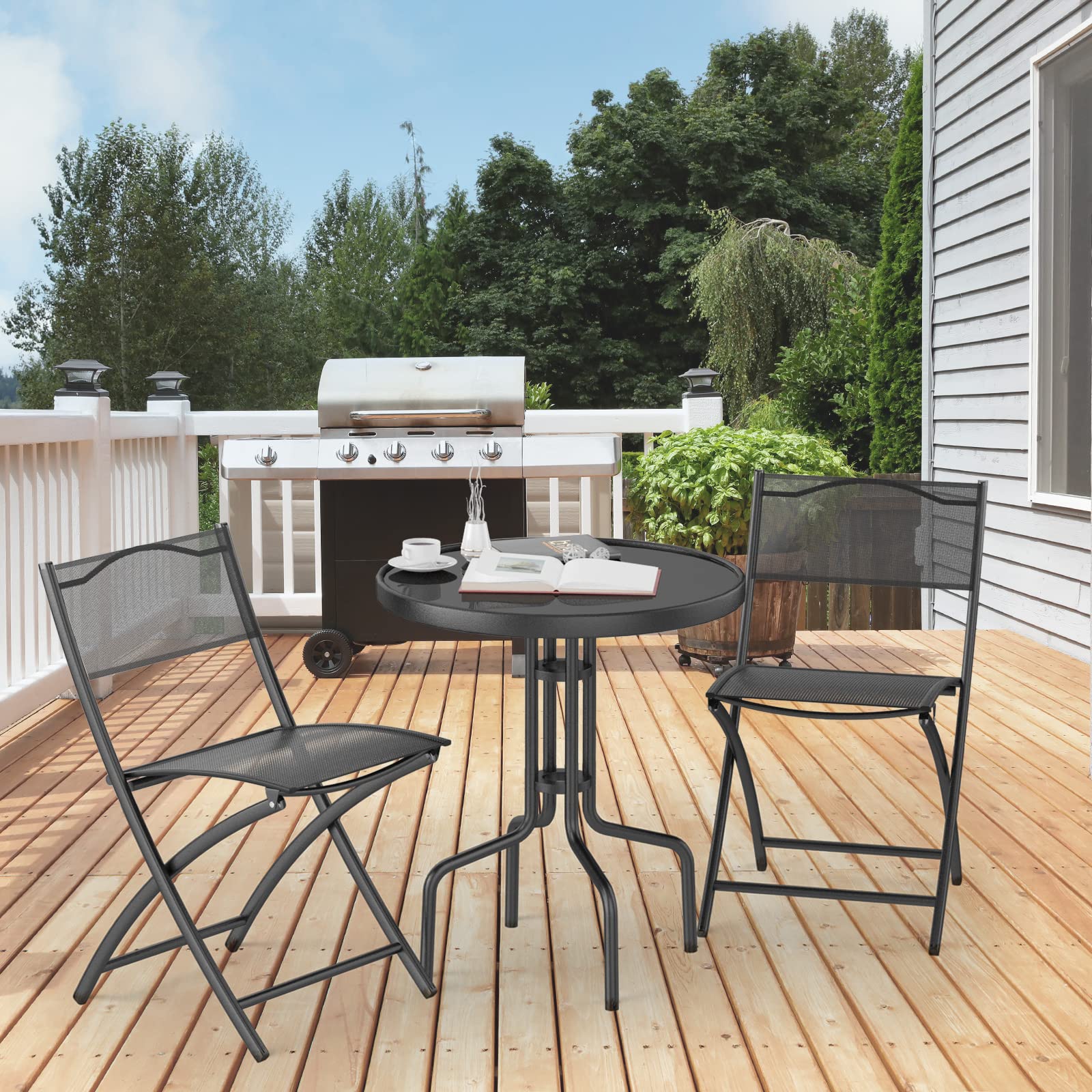 3-Piece Patio Bistro Set, Outdoor Bistro Table Set with Round Black Tempered Glass Tabletop and 2 Folding Chairs