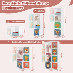 Children 8-Cube Wardrobe, Baby Dresser Kids Armoire w/Doors, Cute Cartoon Animal Patterns