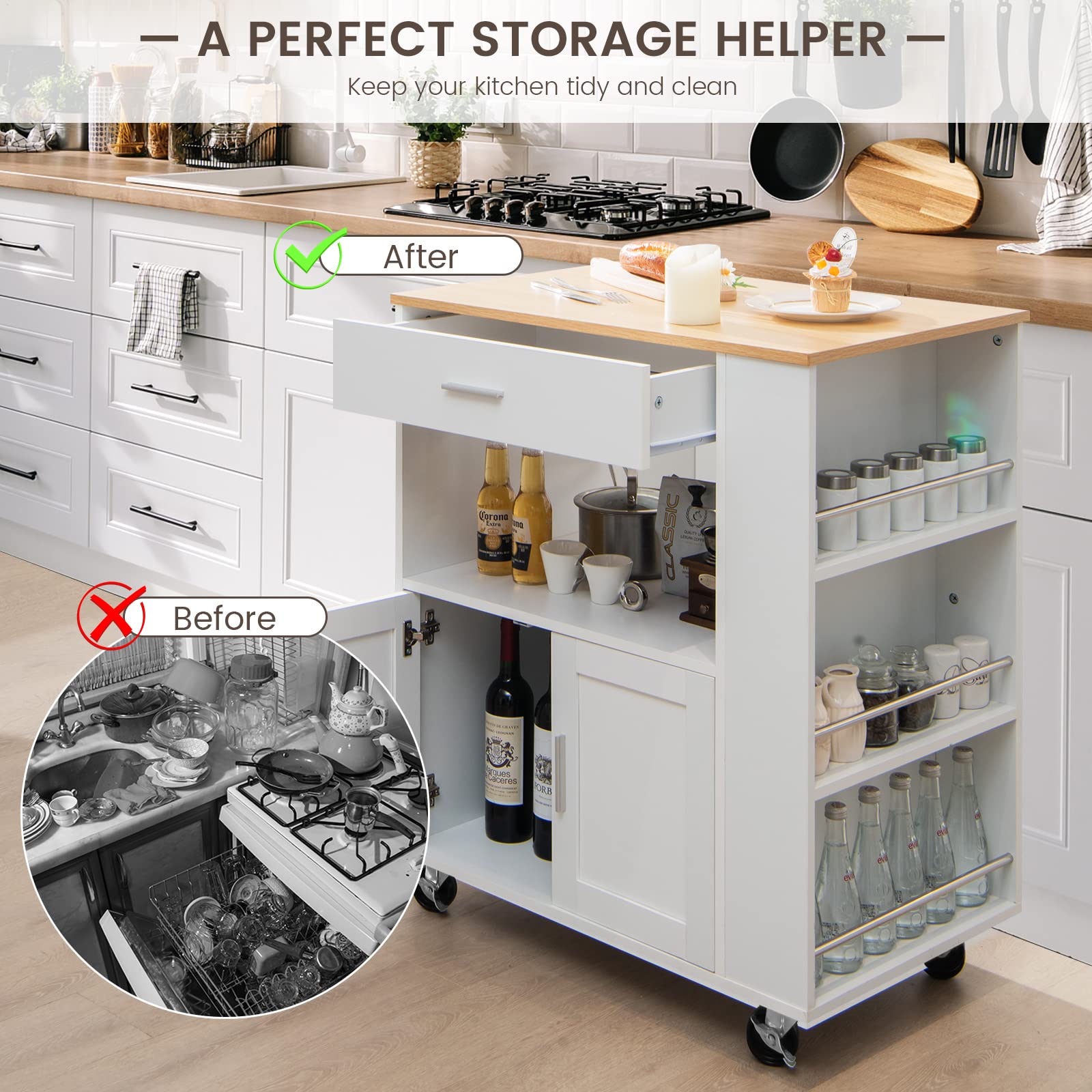 Giantex Kitchen Island Trolley, Rolling Kitchen Serving Trolley w/ 3 Spice Racks, Drawer, Open Shelf & Large Cabinet
