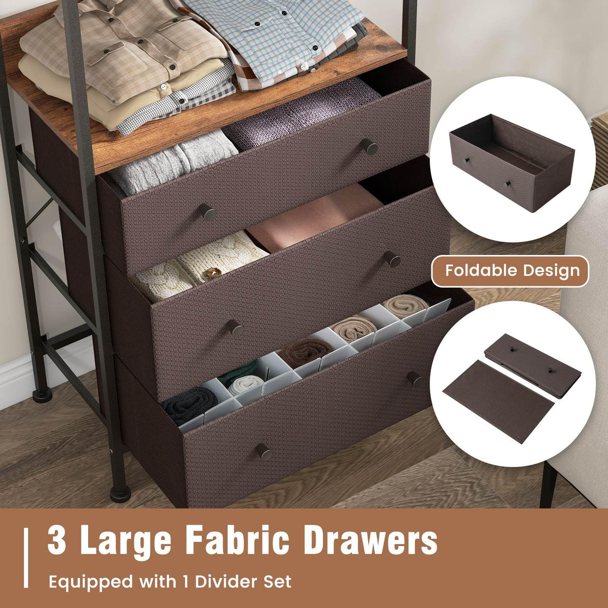 Freestanding Closet Organizer, Clothing Stand Dresser w/ 3-Position Hanging Rod & Storage Shelves
