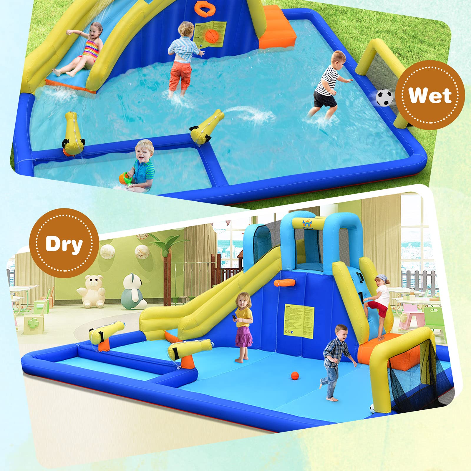 Inflatable Water Slide for Kids, 6-in-1 Kids Giant Water Park w/Large Water Soccer Splash Pool, Water Cannons