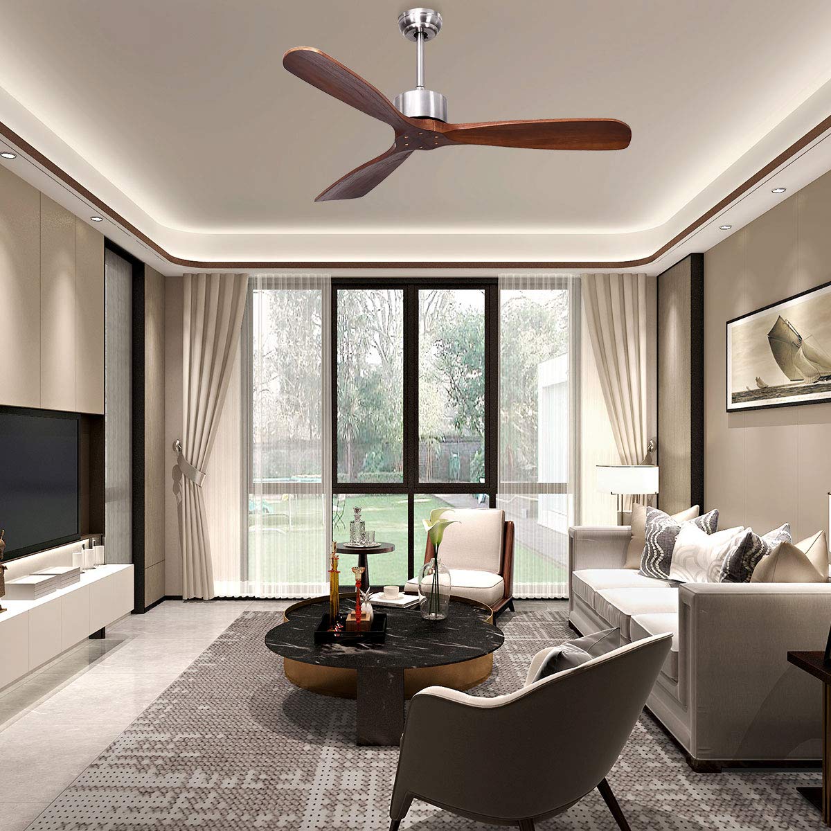 52" Ceiling Fan, Outdoor Indoor Ceiling Fan with Remote Control, 3 Solid Wooden Blades