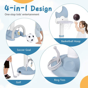 4-In-1 Kids Basketball Hoop, Adjustable Height Kids Sports Center w/Moon-shaped Electronic Scoreboard Ring Toss