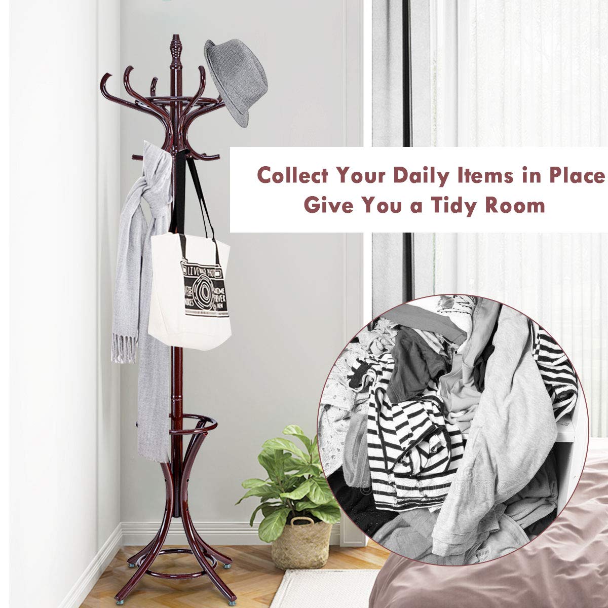 Coat Rack, Free Standing Coat Rack, Solid Wood Coat Tree w/ 12 Hooks & Umbrella Holder, Solid Wood Structure, Stable Base, Standing Rack for Hallway