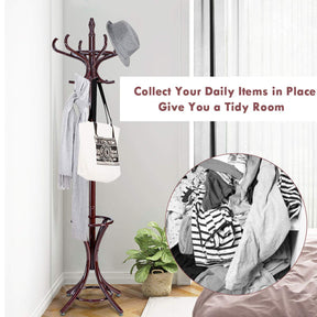 Coat Rack, Free Standing Coat Rack, Solid Wood Coat Tree w/ 12 Hooks & Umbrella Holder, Solid Wood Structure, Stable Base, Standing Rack for Hallway