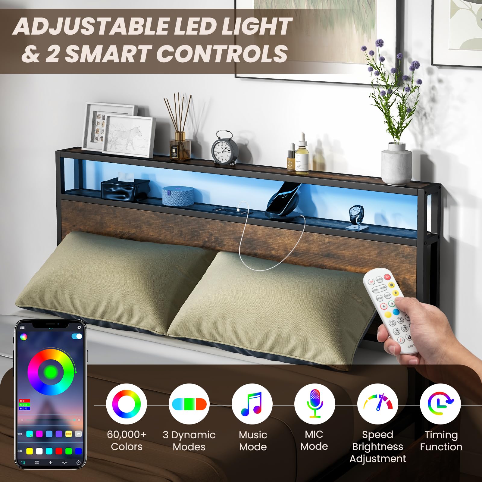 Giantex Queen Bed Frame with Smart LED Lights, Metal Platform Bed with Storage Headboard