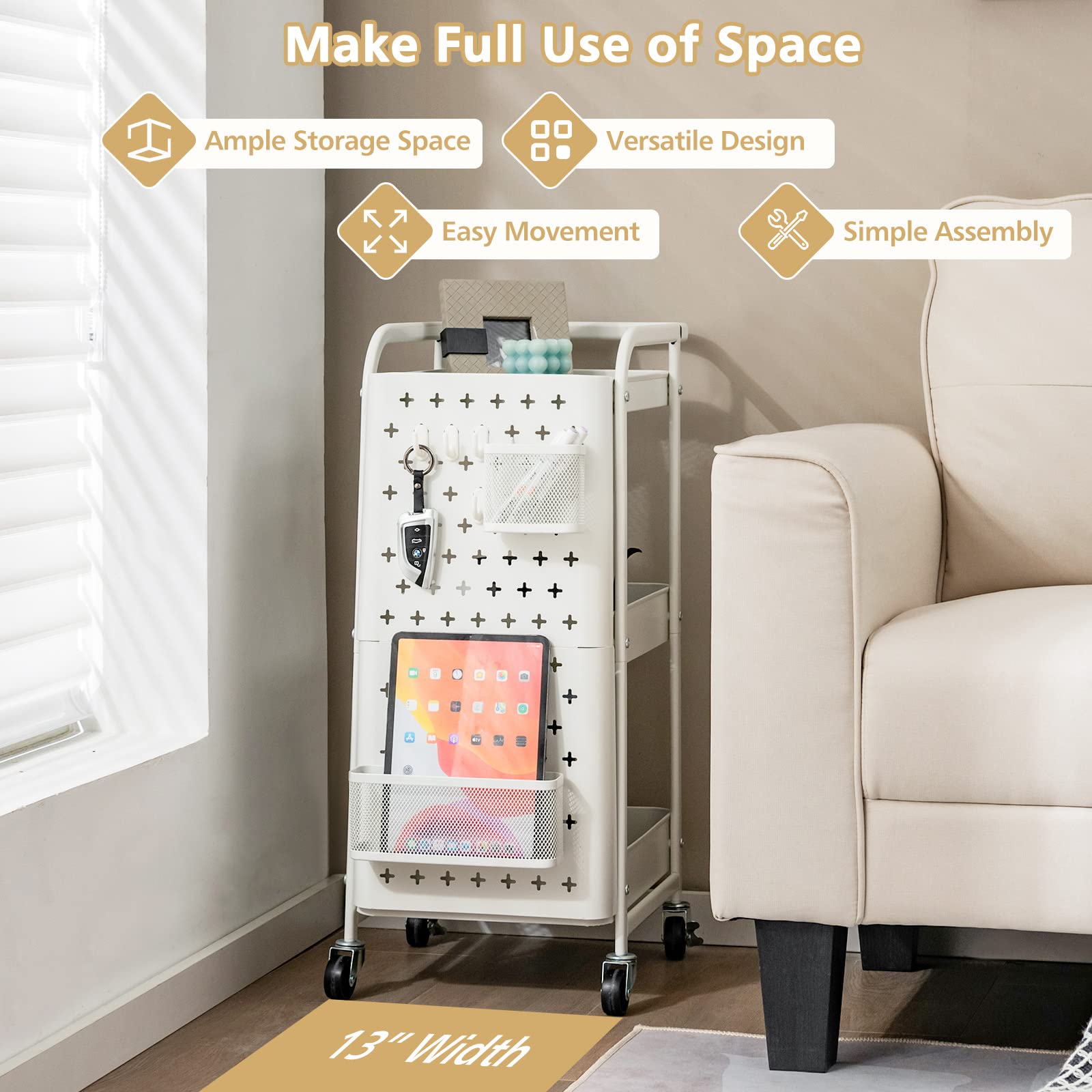 Giantax 3-Tier Rolling Cart, Utility Storage Organizer Cart w/ Dual DIY Pegboards, 2 Baskets