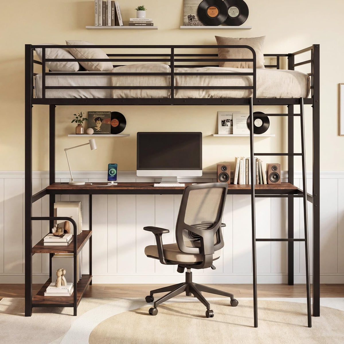 Loft Bed Single Size with Desk, 2-in-1 Metal Loft Bed Frame with Charging Station, Desk and 2 Shelves