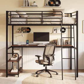 Loft Bed Single Size with Desk, 2-in-1 Metal Loft Bed Frame with Charging Station, Desk and 2 Shelves