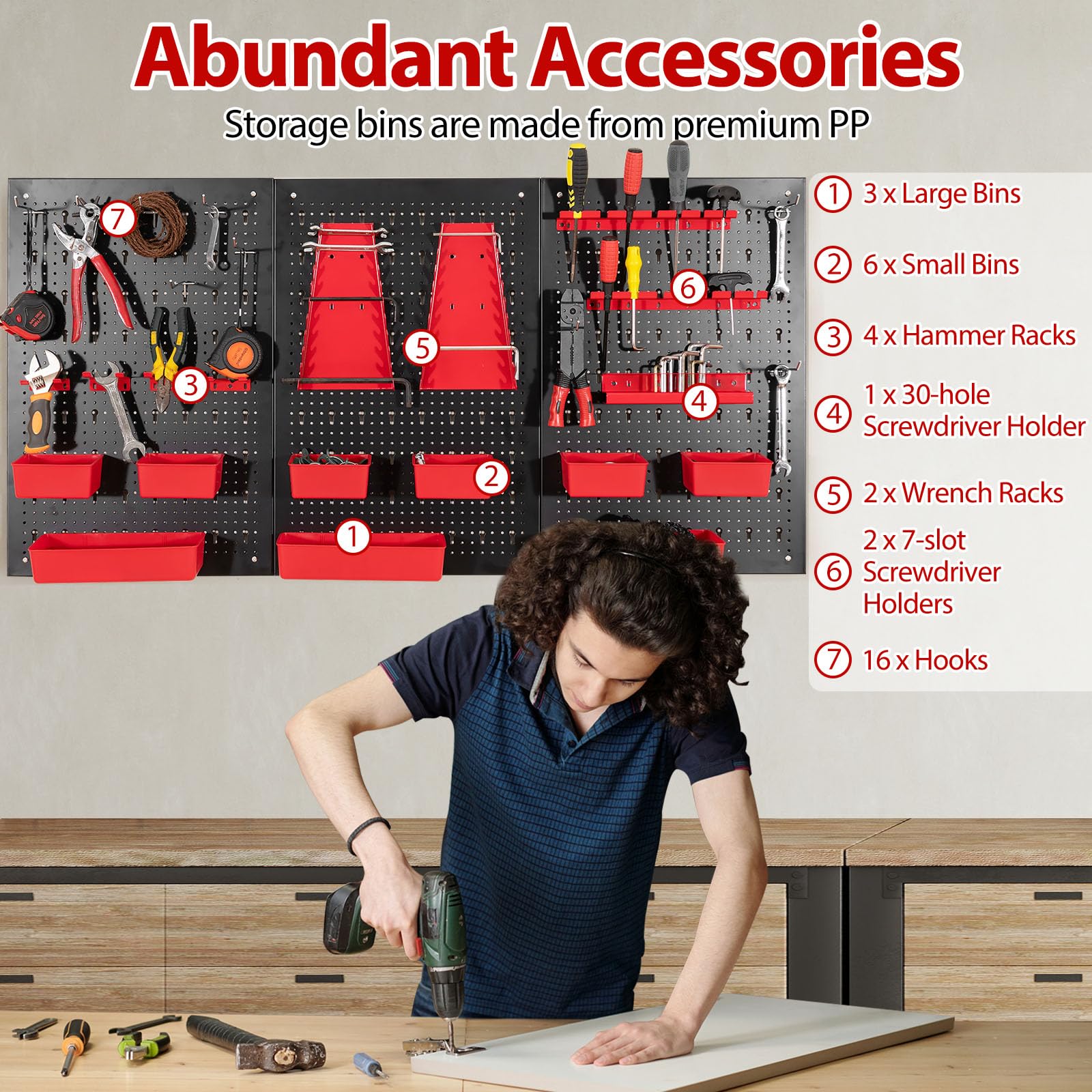 9-Bin Parts Rack Organizer with Tool Holders and Hooks