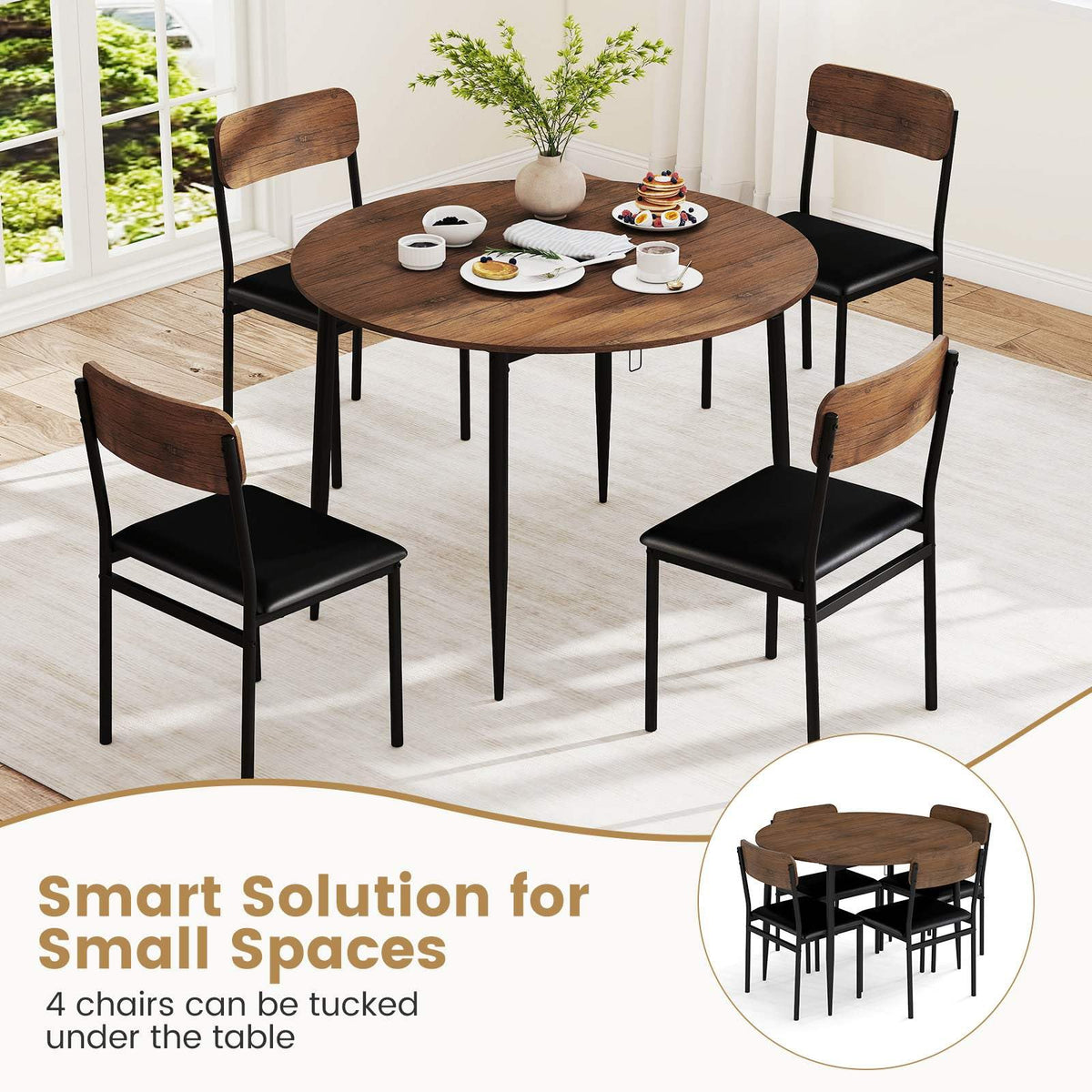 5-Piece Dining Table Set for 4 People, Extendable Round Kitchen Table w/Drop Leaf Tabletop